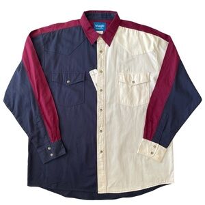 VTG Wrangler Brushpopper Shirt Mens XL Pearl Snap Red White Blue USA Western